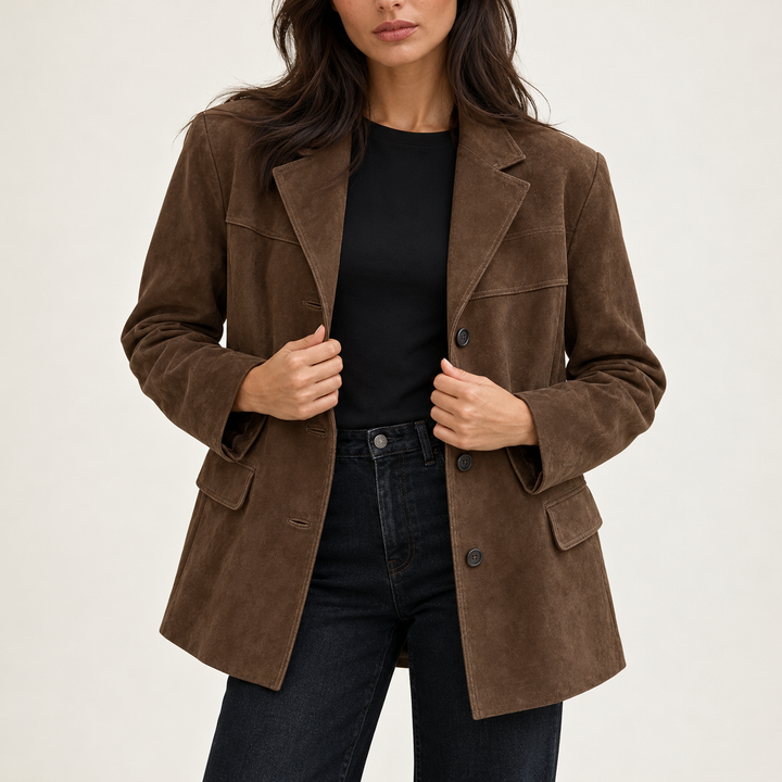 Damen Wildleder-Blazerjacke in Braun mit Taschen | Eleganter Damenblazer in Wildlederoptik für Alltag, Büro und Freizeit 2026