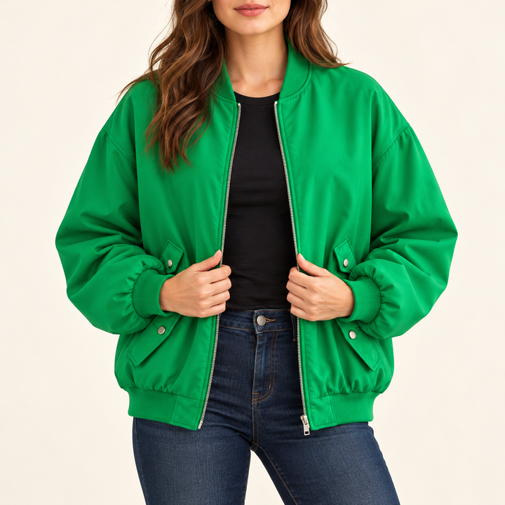 Damen Bomberjacke Oversize mit Reißverschluss | Lässige Übergangsjacke mit geripptem Rundhalsausschnitt und Fronttaschen mit Knopfverschluss