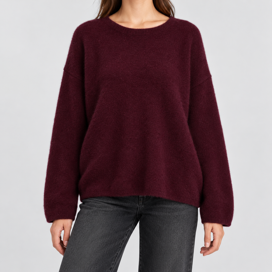 Damen Strickpullover in Bordeaux mit Rundhals | Warmer, weicher Pullover mit lockerer Passform für Herbst, Winter und Alltag