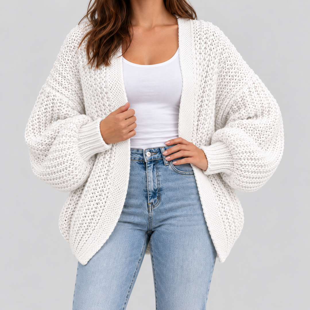 Damen Oversize Strickjacke mit Puffärmeln | Grobstrick Cardigan mit offener Front und weiter Passform für Herbst und Winter