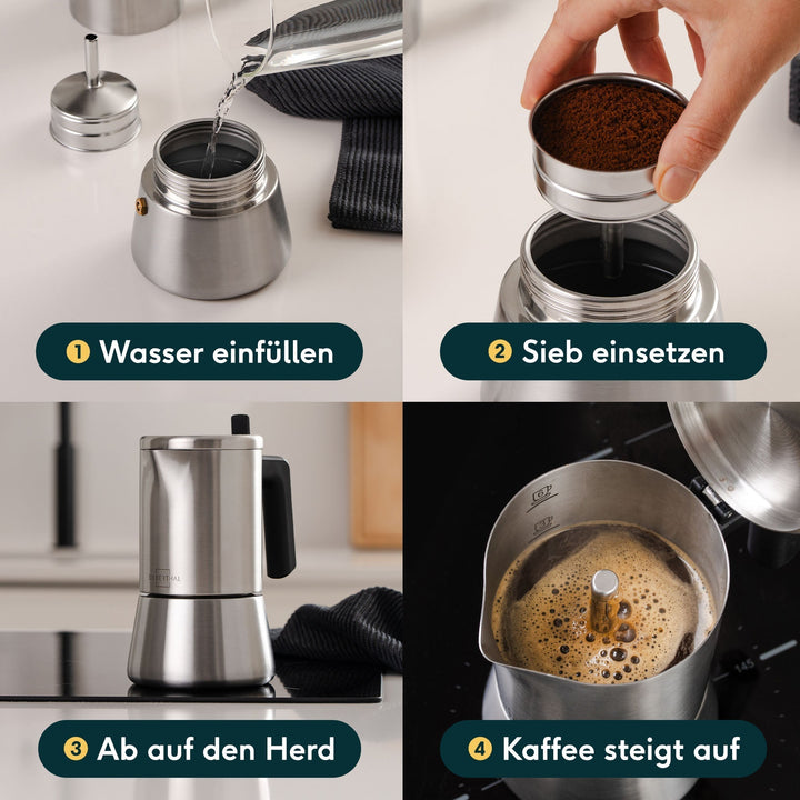 Espressokocher-Set | 3-teilig mit manueller Kaffeemühle, Milchaufschäumer und Zubehör für bis zu 6 Tassen