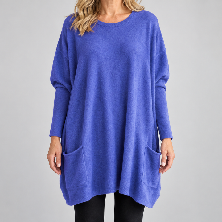 Damen Oversized Tunika-Pullover mit Taschen | Locker geschnittenes Langarm-Oberteil mit Rundhalsausschnitt für Alltag und Freizeit