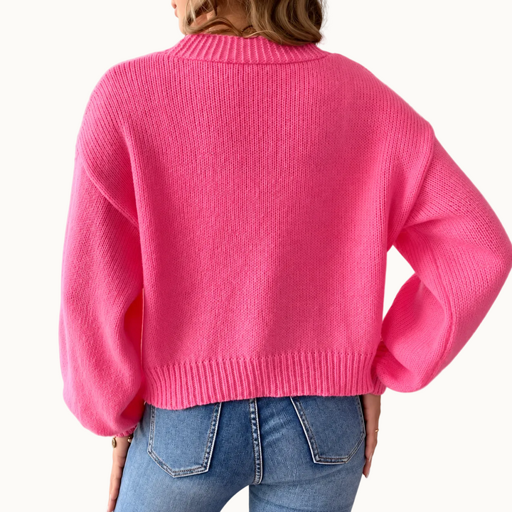 Damen Strickjacke | Cardigan mit Perlenknöpfen, V-Ausschnitt, Ballonärmeln und lockerer Passform für Alltag und Büro