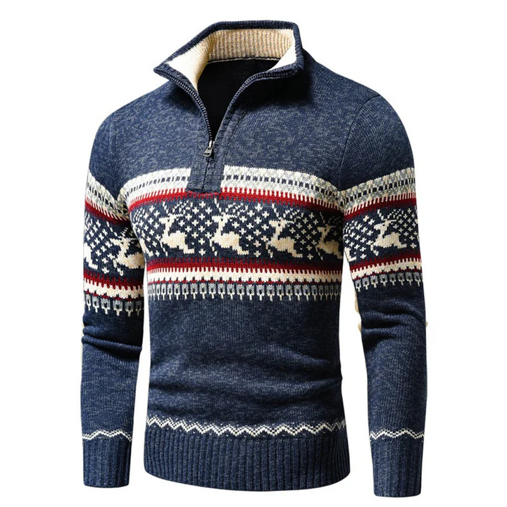 Herren Weihnachtspullover mit Rentier- und Schneeflockenmuster | Warmer Strickpullover mit Halb-Reißverschluss für Weihnachten