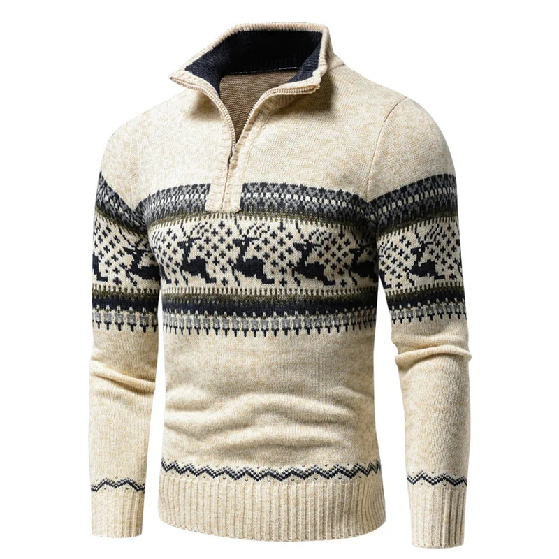 Herren Weihnachtspullover mit Rentier- und Schneeflockenmuster | Warmer Strickpullover mit Halb-Reißverschluss für Weihnachten
