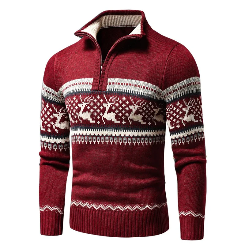Herren Weihnachtspullover mit Rentier- und Schneeflockenmuster | Warmer Strickpullover mit Halb-Reißverschluss für Weihnachten