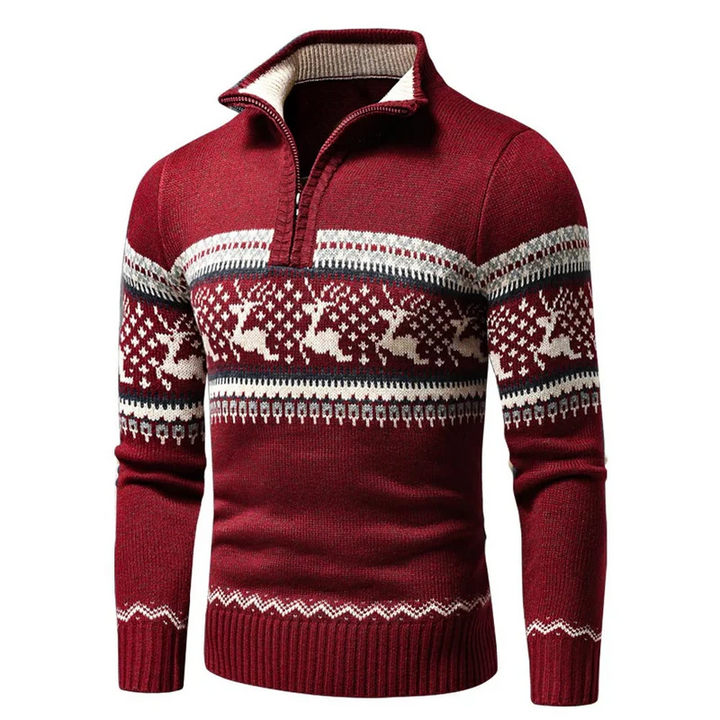 Herren Weihnachtspullover mit Rentier- und Schneeflockenmuster | Warmer Strickpullover mit Halb-Reißverschluss für Weihnachten