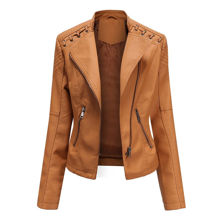 Damen Lederjacke mit Reißverschluss | Langarm Jacke mit Reverskragen, Seitentaschen und markanten Nähten für vielseitige Looks