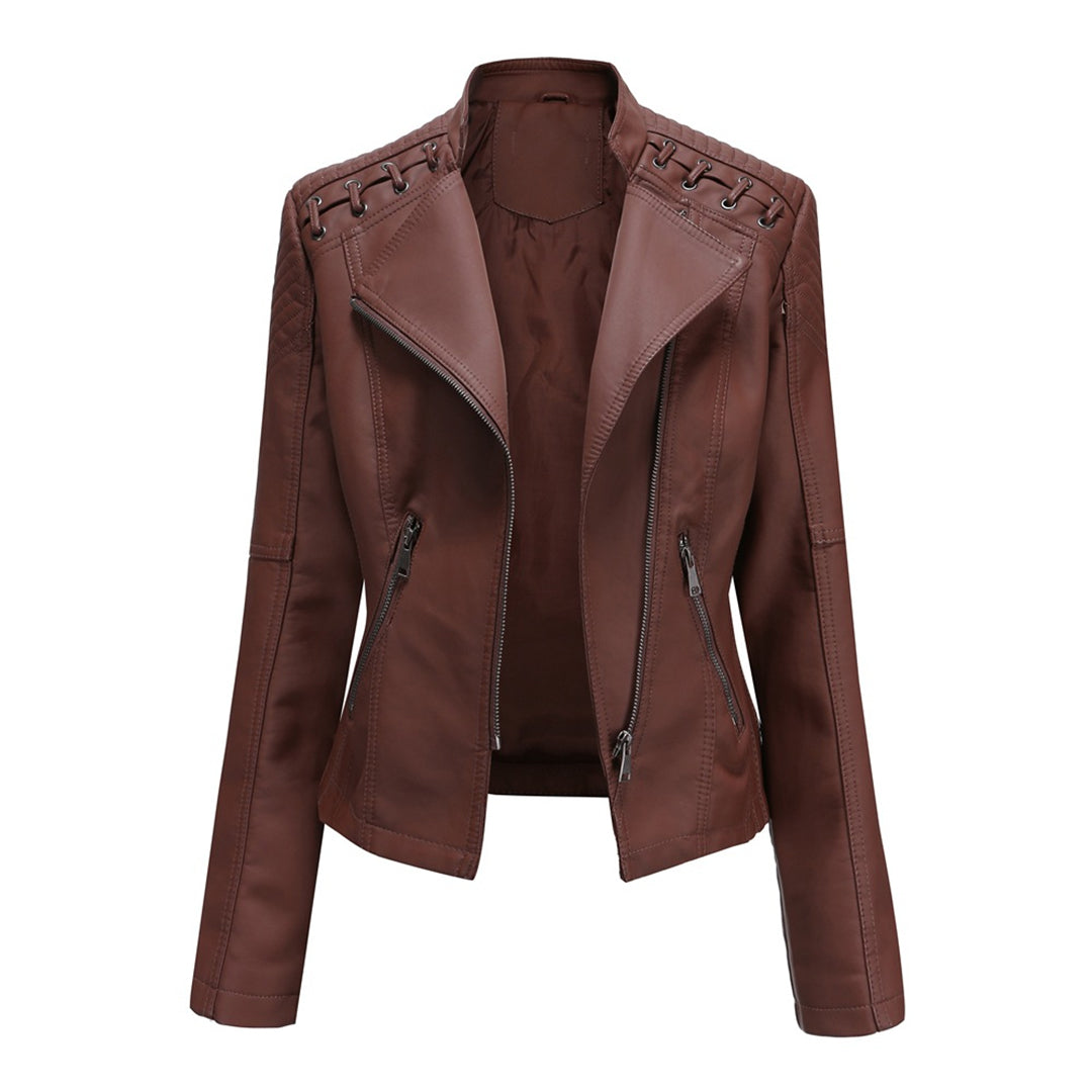 Damen Lederjacke mit Reißverschluss | Langarm Jacke mit Reverskragen, Seitentaschen und markanten Nähten für vielseitige Looks