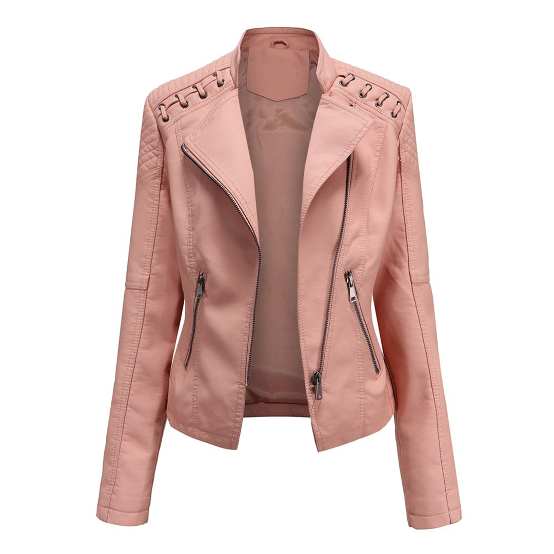 Damen Lederjacke mit Reißverschluss | Langarm Jacke mit Reverskragen, Seitentaschen und markanten Nähten für vielseitige Looks