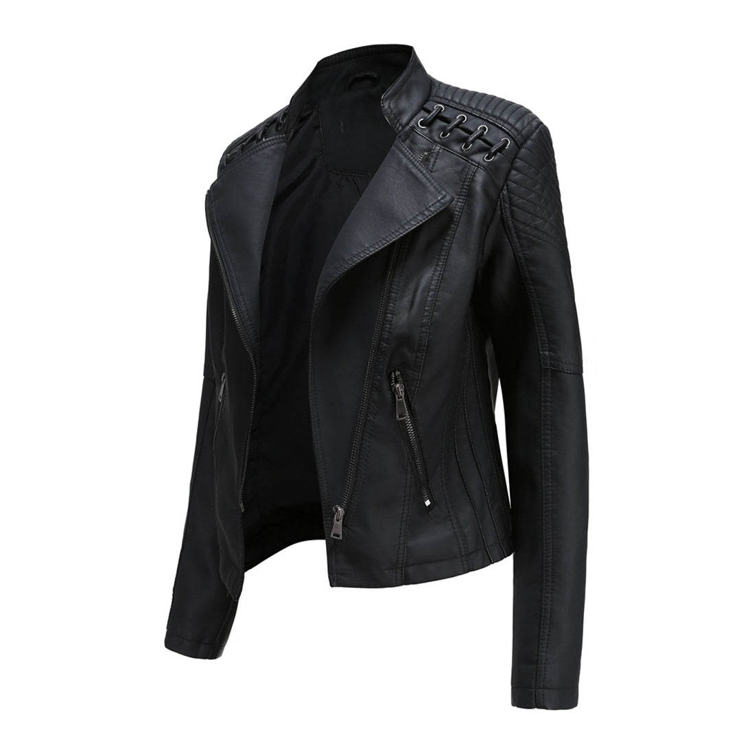 Damen Lederjacke mit Reißverschluss | Langarm Jacke mit Reverskragen, Seitentaschen und markanten Nähten für vielseitige Looks