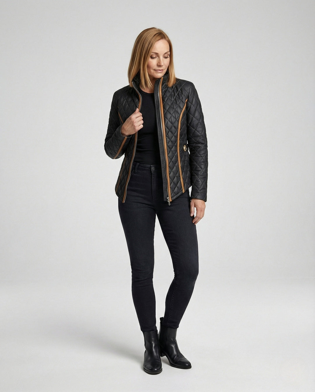 Damen Steppjacke mit Stehkragen | Taillierte Übergangsjacke mit Diamant-Steppung, Taillengürtel und Seitentaschen für Alltag