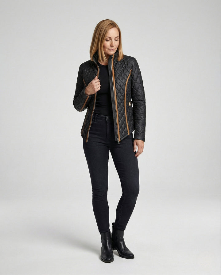 Damen Steppjacke mit Stehkragen | Taillierte Übergangsjacke mit Diamant-Steppung, Taillengürtel und Seitentaschen für Alltag