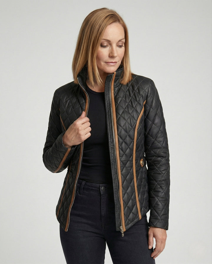 Damen Steppjacke mit Stehkragen | Taillierte Übergangsjacke mit Diamant-Steppung, Taillengürtel und Seitentaschen für Alltag