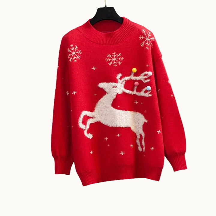 Damen Weihnachtspullover mit Rentiermuster | Mehrfarbiger Strickpullover mit Schneeflocken, geripptem Stehkragen und langen Ärmeln