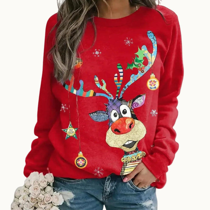 Damen Weihnachtspullover mit Punktmuster | Festlicher Strickpullover mit Rundhalsausschnitt, langen Ärmeln und gerippten Bündchen