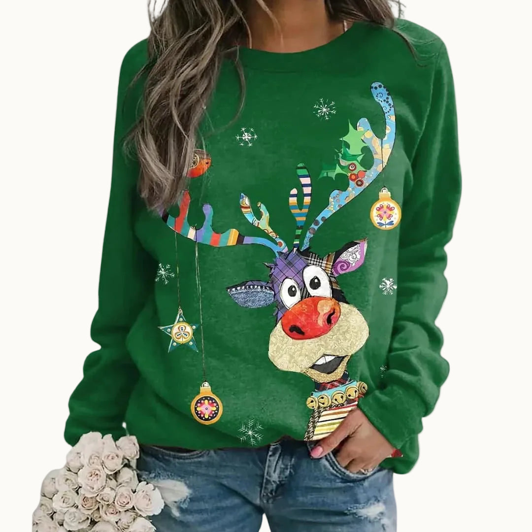Damen Weihnachtspullover mit Punktmuster | Festlicher Strickpullover mit Rundhalsausschnitt, langen Ärmeln und gerippten Bündchen