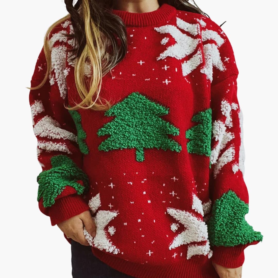 Damen Weihnachtspullover mit Weihnachtsbaum | Festlicher Strickpullover mit Schneeflocken, Ballonärmeln und Rundhalsausschnitt