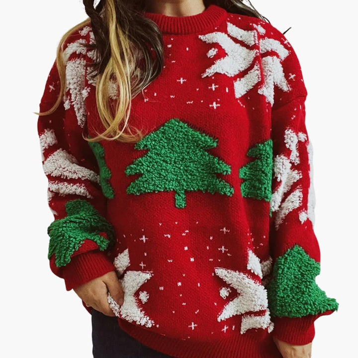 Damen Weihnachtspullover mit Weihnachtsbaum | Festlicher Strickpullover mit Schneeflocken, Ballonärmeln und Rundhalsausschnitt