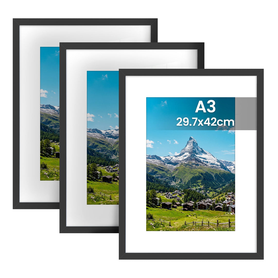 Bilderrahmen A4 im 3er Set aus PVC | Schwarze Fotorahmen zum Aufhängen und Aufstellen | Mit Wandhaken für Fotos und Kunstdrucke