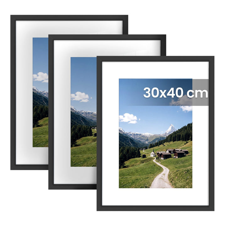 Bilderrahmen A4 im 3er Set aus PVC | Schwarze Fotorahmen zum Aufhängen und Aufstellen | Mit Wandhaken für Fotos und Kunstdrucke