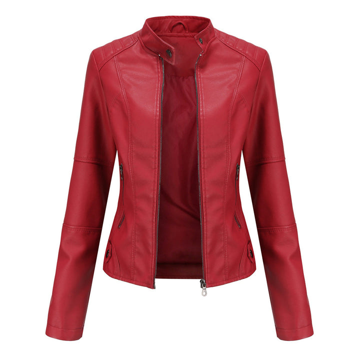 Damen Lederjacke | Taillierte Übergangsjacke mit Reißverschluss, Druckknopfkragen und praktischen Taschen
