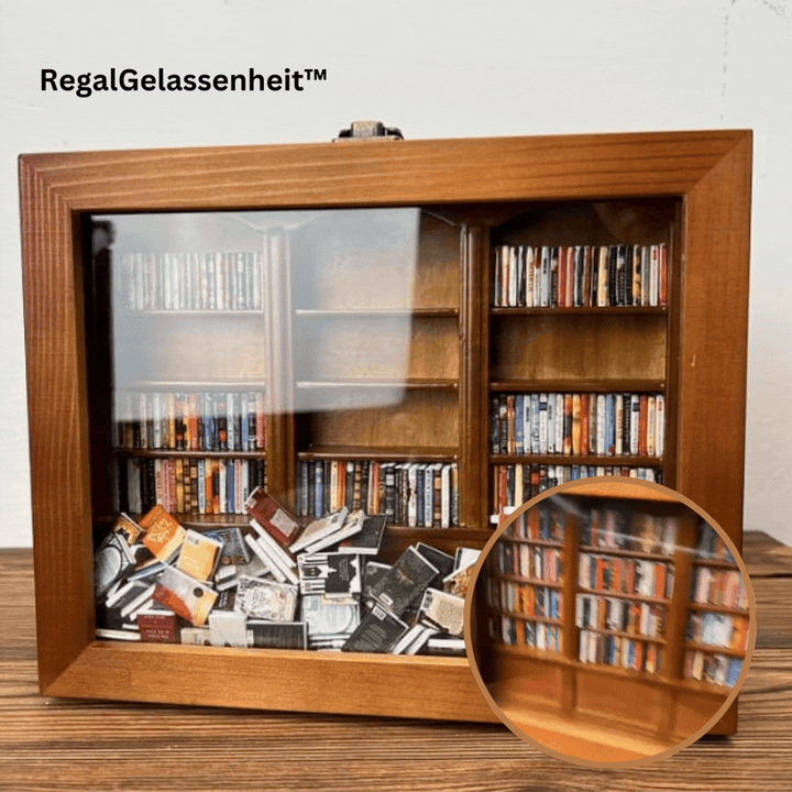 Miniatur Bücherregal aus Holz mit gefalteten Mini-Büchern | Handgefertigt, öffnbar &amp; neu sortierbar | Entspannendes Geschenk für Bücherfans | 25×20×8 cm