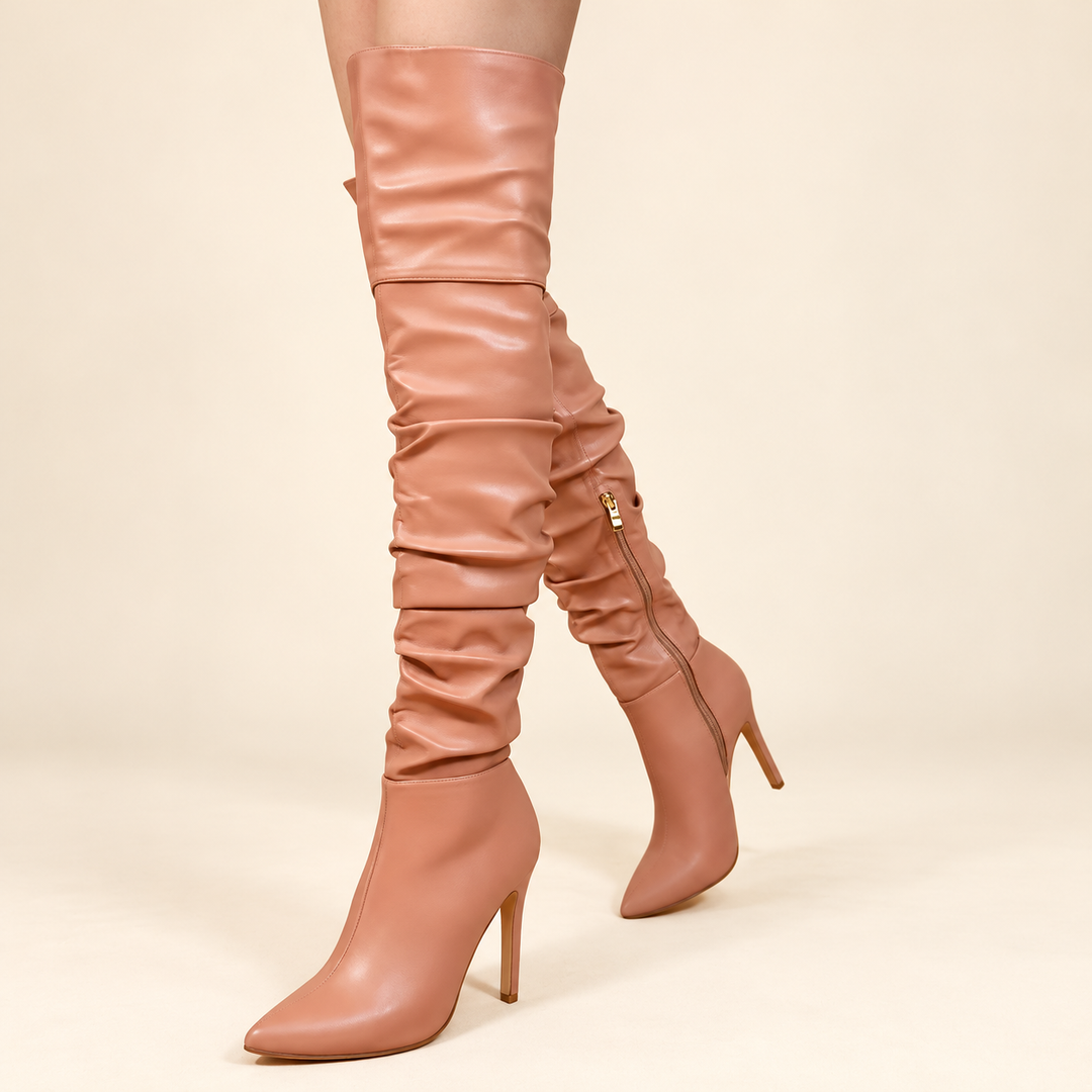 Damen Overknee Stiefel | Hohe Stiefel mit spitzer Schuhspitze, hohem Absatz und seitlichem Reißverschluss für elegante Outfits