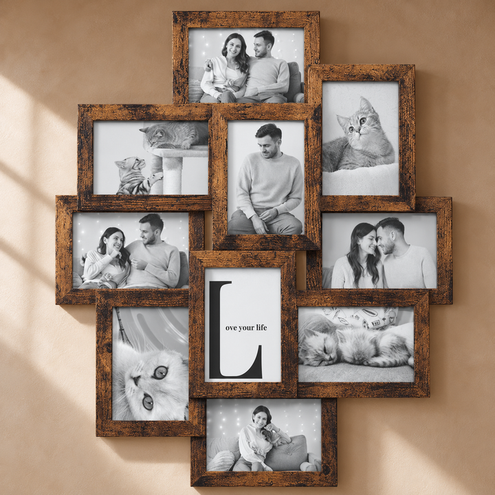 Bilderrahmen Collage für 10 Fotos | Vintagebrauner Mehrfach-Bilderrahmen mit drehbaren Clips | Wanddekoration für Erinnerungsfotos