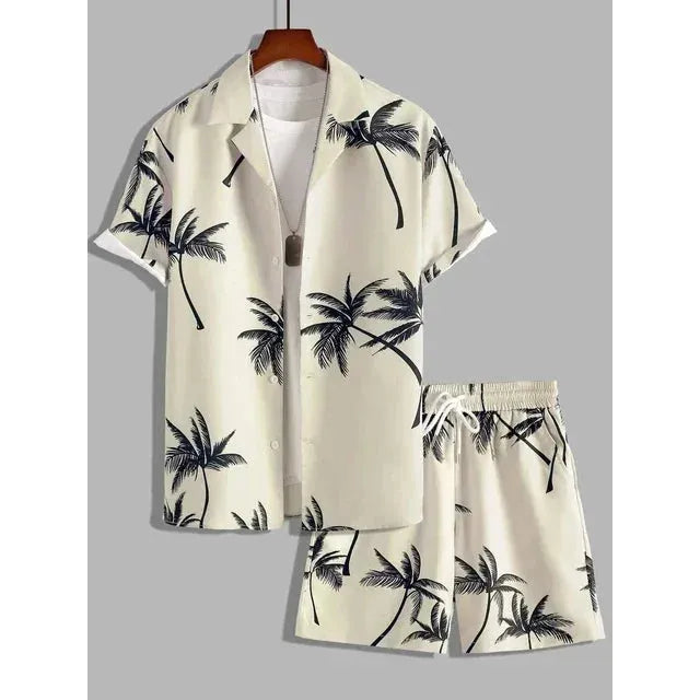 Herren Sommer Set mit Hawaii-Muster | Zweiteiler aus leichtem Polyester | Freizeit Outfit für Urlaub &amp; Strand