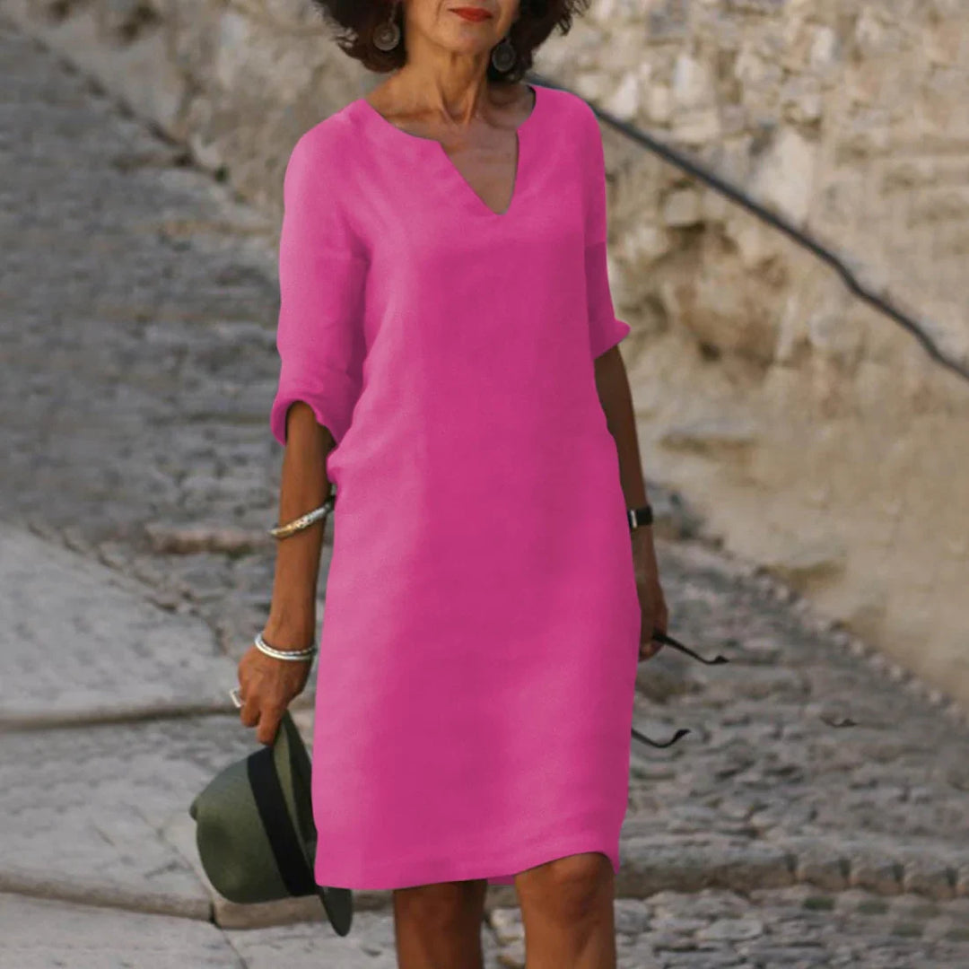 Damen Knielanges Kleid mit V-Ausschnitt | Luftiges Midikleid mit 3/4-Ärmeln | Gerade Passform | Größen S–3XL