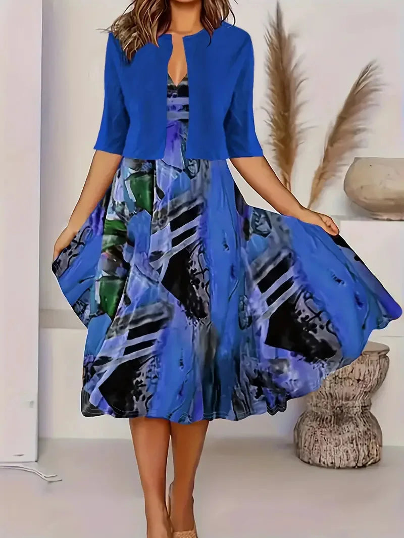 Damen Sommer-Set | 2-teilig mit Midi-Kleid und Blazer für Büro und besondere Anlässe