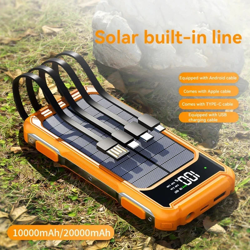 Solar Powerbank | Outdoor-Powerbank mit Solarpanel, integrierten Ladekabeln und LED-Anzeige