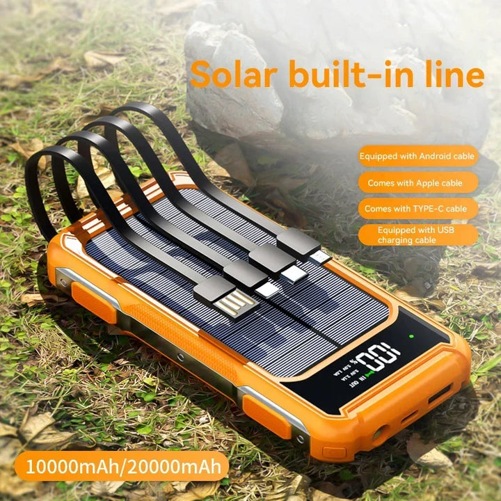 Solar Powerbank | Outdoor-Powerbank mit Solarpanel, integrierten Ladekabeln und LED-Anzeige