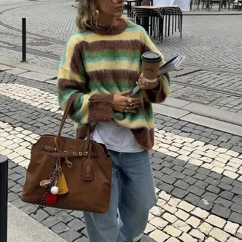 Damen Strickpullover mit buntem Streifenmuster | Weicher Rundhalspullover mit lockerer Passform und langen Ärmeln für Alltag und Freizeit