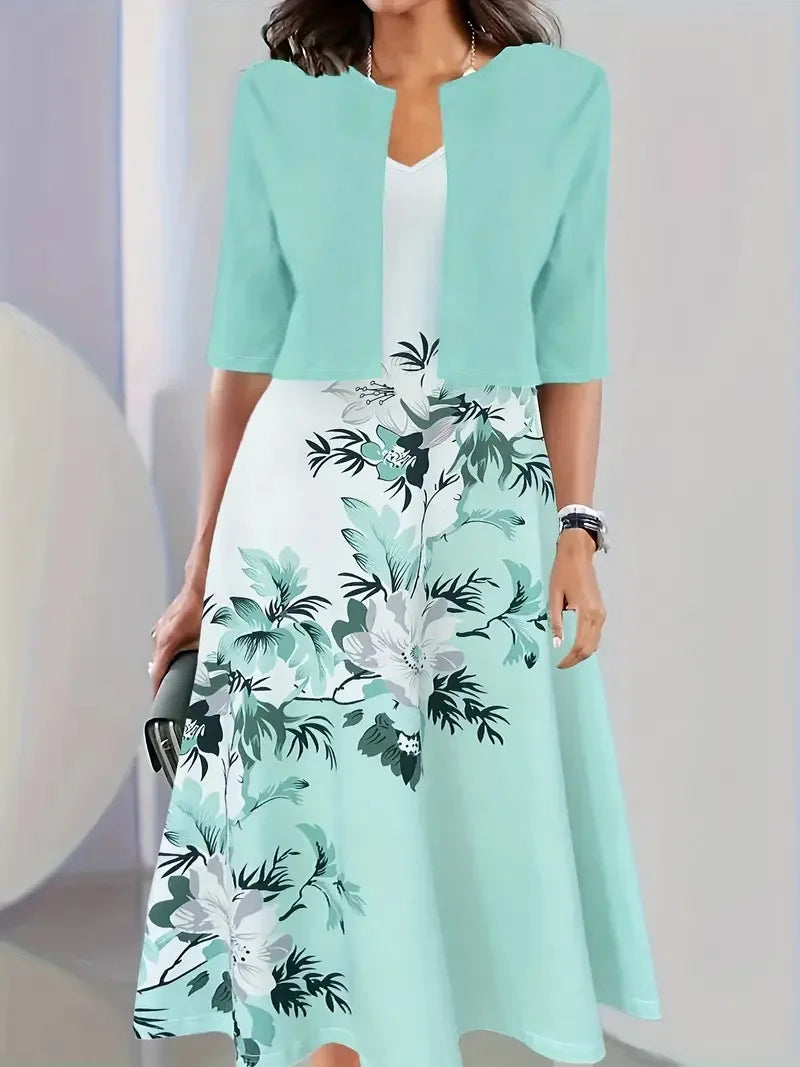 Damen Sommer-Set | 2-teilig mit Midi-Kleid und Blazer für Büro und besondere Anlässe