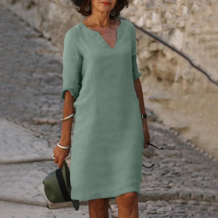 Damen Knielanges Kleid mit V-Ausschnitt | Luftiges Midikleid mit 3/4-Ärmeln | Gerade Passform | Größen S–3XL