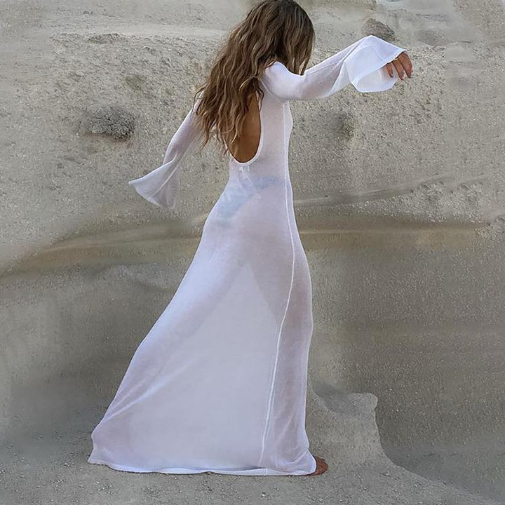 Damen Rückenfreies Maxikleid | Elegantes Sommerkleid mit Transparenter Mesh-Optik | Langarm Abendkleid mit Fließender Silhouette