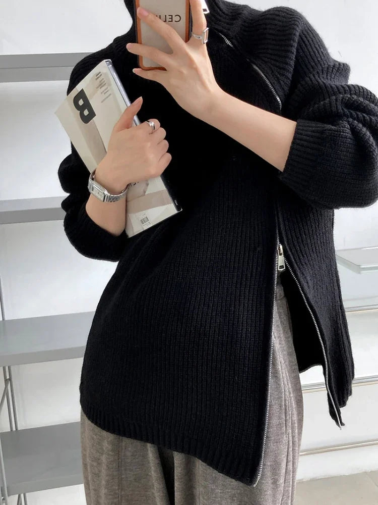 Damen Rollkragenpullover | Grobstrick mit diagonalem Reißverschluss &amp; lockerer Passform für Herbst und Winter