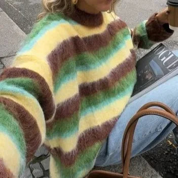 Damen Strickpullover mit buntem Streifenmuster | Weicher Rundhalspullover mit lockerer Passform und langen Ärmeln für Alltag und Freizeit