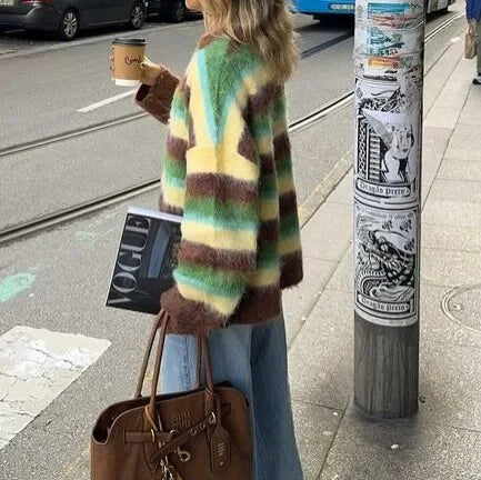Damen Strickpullover mit buntem Streifenmuster | Weicher Rundhalspullover mit lockerer Passform und langen Ärmeln für Alltag und Freizeit