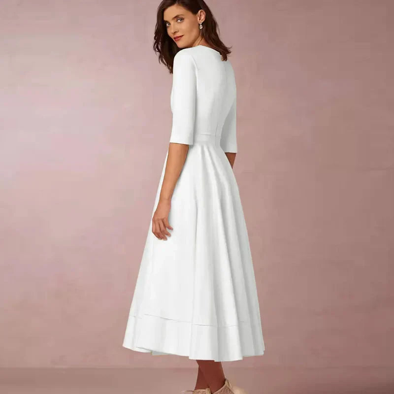 Damen A-Linie Midikleid mit tiefem V-Ausschnitt &amp; Taillenbetonung | 3/4-Ärmel | Schwingender Rock | S–3XL, Farbenwahl