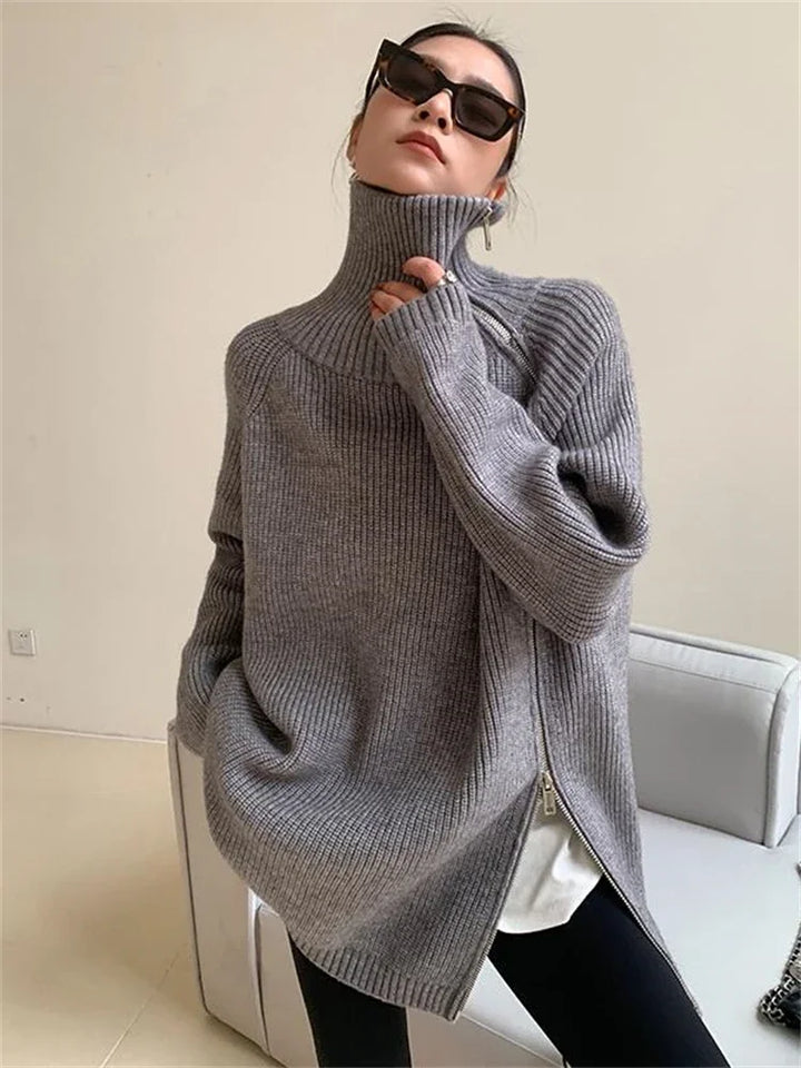 Damen Rollkragenpullover | Grobstrick mit diagonalem Reißverschluss &amp; lockerer Passform für Herbst und Winter