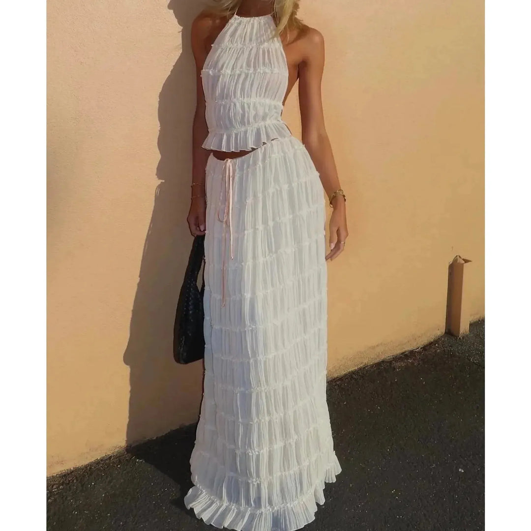 Damen Zweiteiler mit Neckholder Top &amp; Maxirock | Boho Sommer Set mit elastischem Bund | Luftiger Freizeit-Look