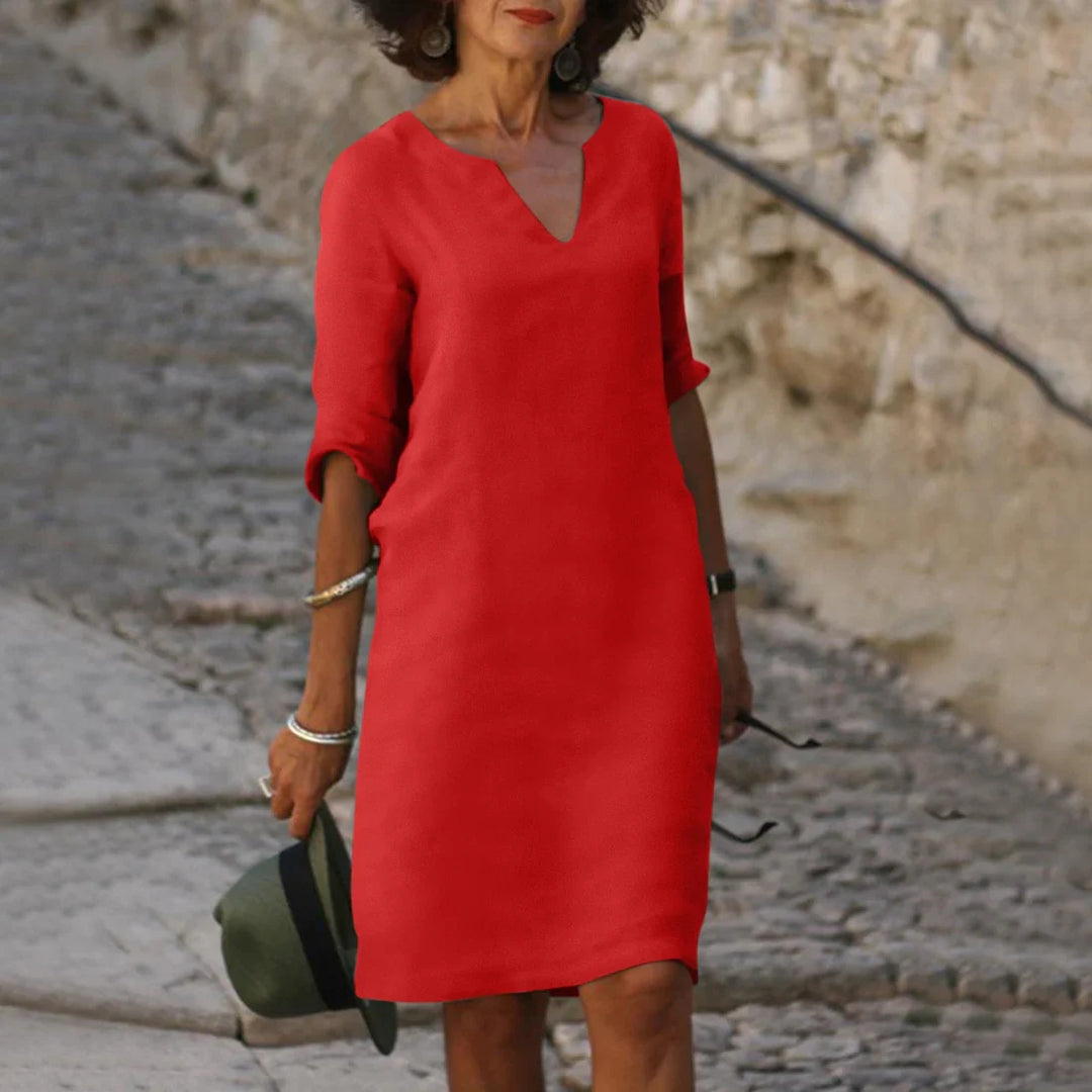 Damen Knielanges Kleid mit V-Ausschnitt | Luftiges Midikleid mit 3/4-Ärmeln | Gerade Passform | Größen S–3XL