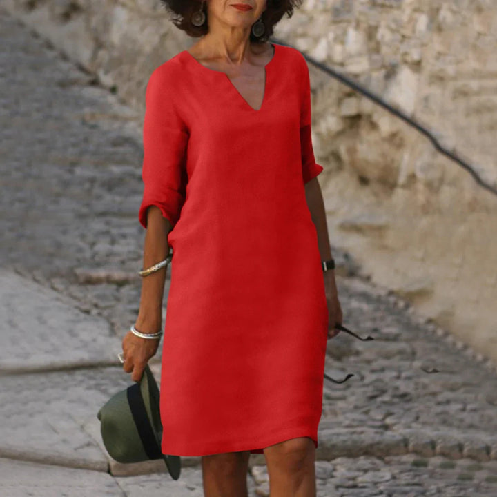 Damen Knielanges Kleid mit V-Ausschnitt | Luftiges Midikleid mit 3/4-Ärmeln | Gerade Passform | Größen S–3XL