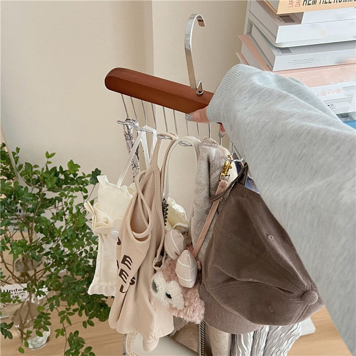 Anti-Rutsch Mehrfach-Kleiderhaken mit 8 Haken | Stahl &amp; Holz | Für Jacken, Taschen, Schals &amp; Dessous | 18,5 × 28 cm