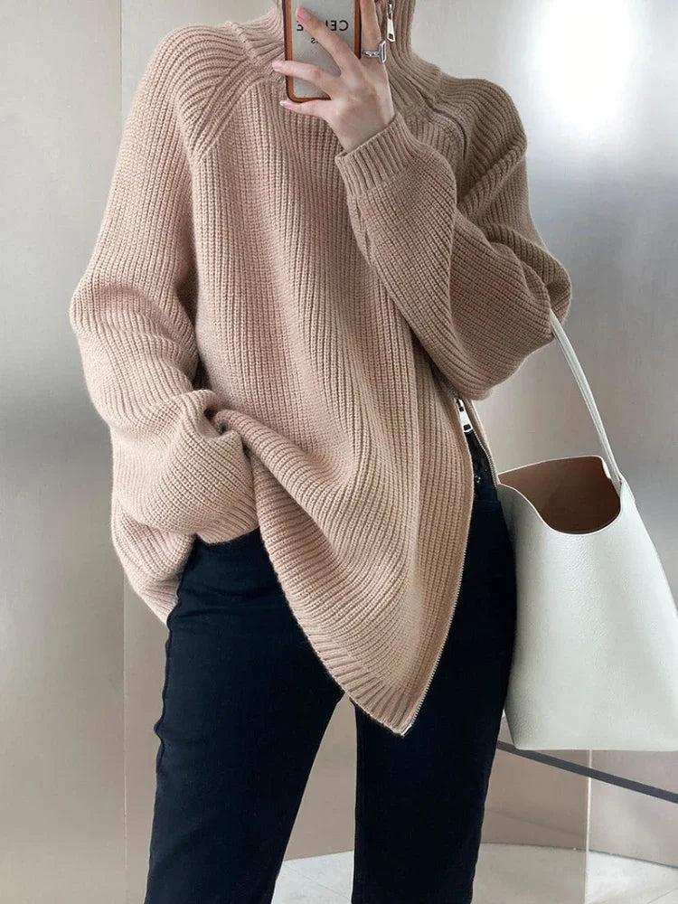 Damen Rollkragenpullover | Grobstrick mit diagonalem Reißverschluss &amp; lockerer Passform für Herbst und Winter