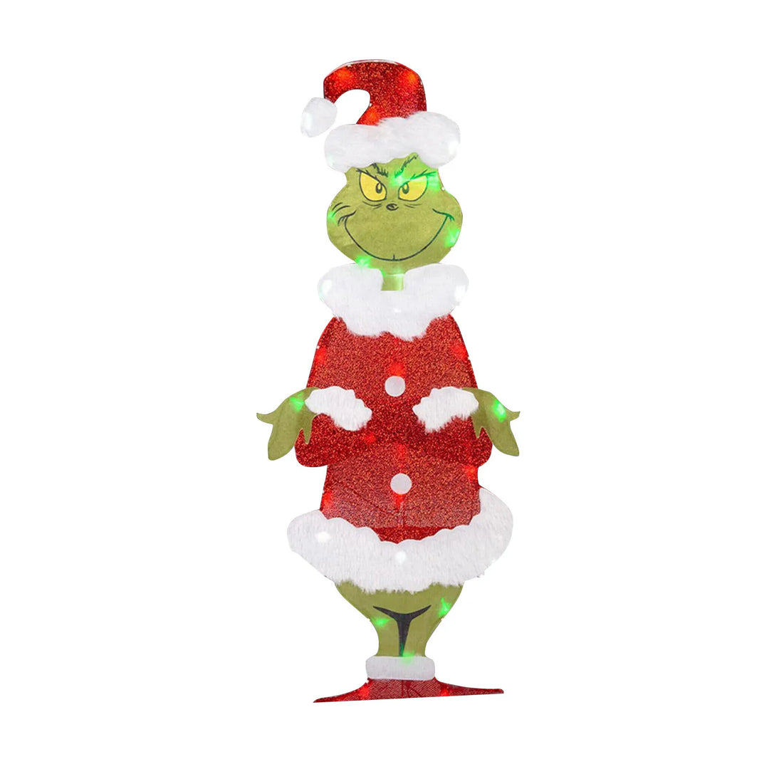 Grinch Weihnachtsdeko mit LED für den Garten | Wetterfeste Weihnachtsfigur mit Erdspießen aus Kunststoff und Stoff