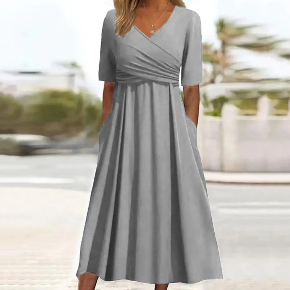 Elegantes Midikleid mit V-Ausschnitt &amp; Falten | Luftiges Damenkleid mit Taschen | Vielseitiges Kleid für Alltag &amp; besondere Anlässe
